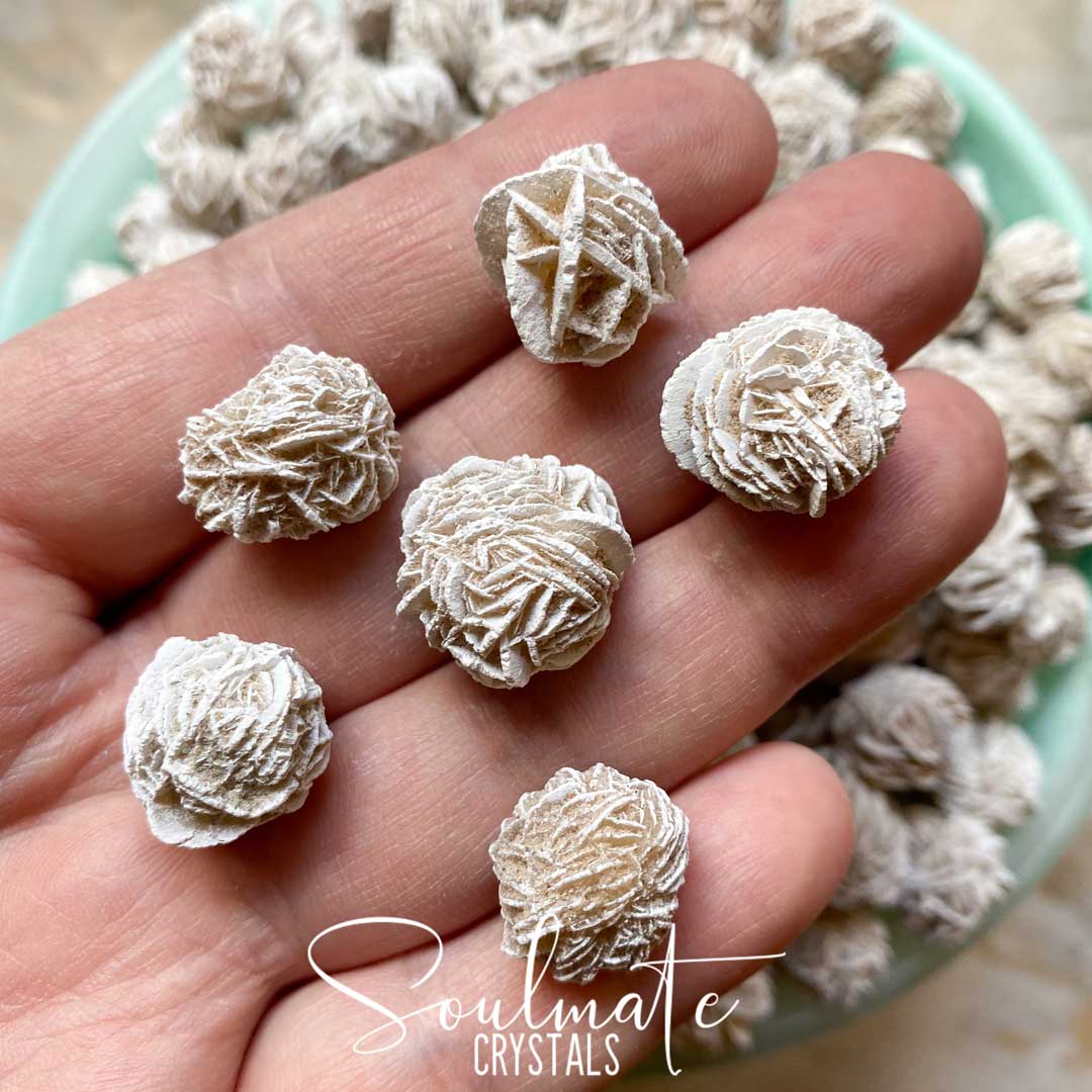 Soulmate Crystals Desert Rose Selenite Raw Natural Stone XS 10-Pack, Rosette Crystal Combination Selenite Barite, Natural White Taupe Rounded Stone with Exterior Bladed Patterning for Spiritual Development, Emotional Wellbeing.