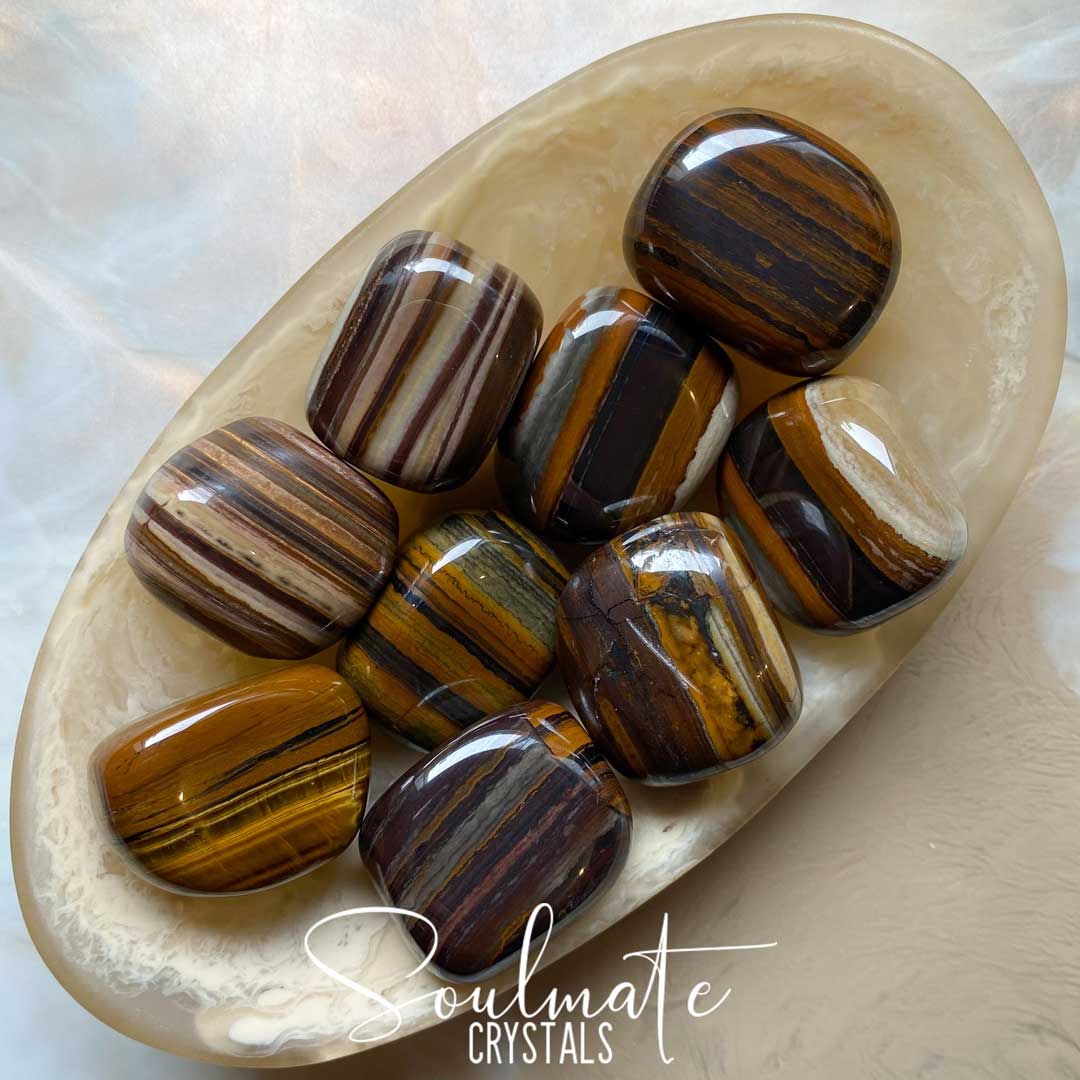 Soulmate Crystals Desert Tiger Iron Tumbled Stone, Polished Iron Striped Brown Crystal for Stamina, Strength and Power.