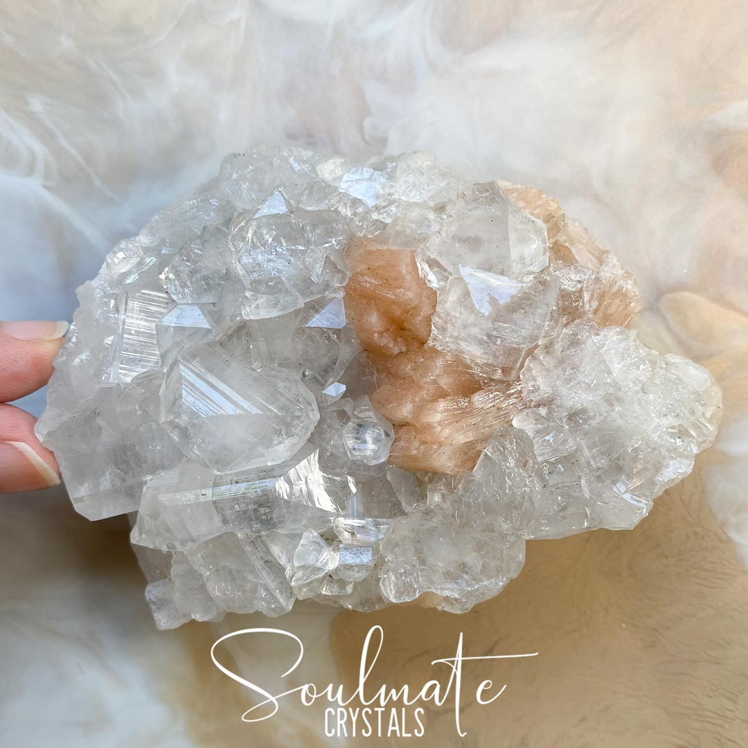 Soulmate Crystals Zeolite Diamond Apophyllite Raw Mineral Specimen First Quality, Clear Crystal for Cleansing, Serenity and Light, Peach Stilbite Inclusions.
