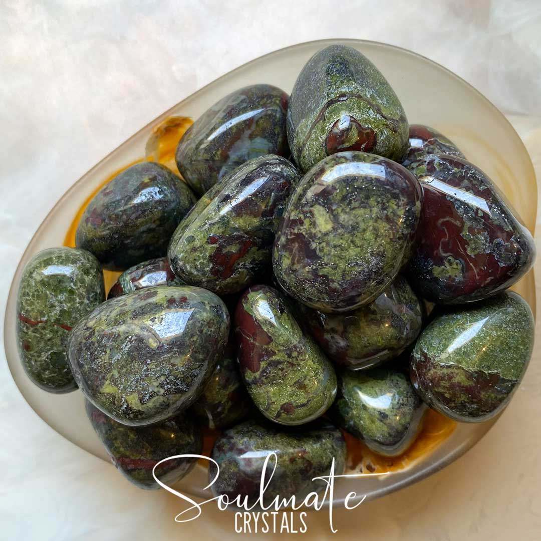 Soulmate Crystals Dragon’s Blood Stone Tumbled Stone, Green Crystal for Vitality, Strength and Courage