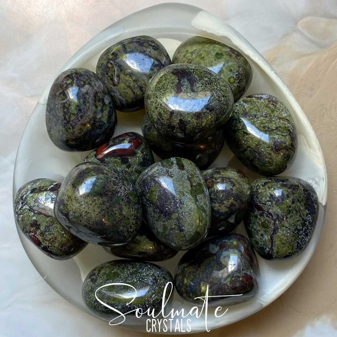 Soulmate Crystals Dragon’s Blood Stone Tumbled Stone, Green Crystal for Vitality, Strength and Courage