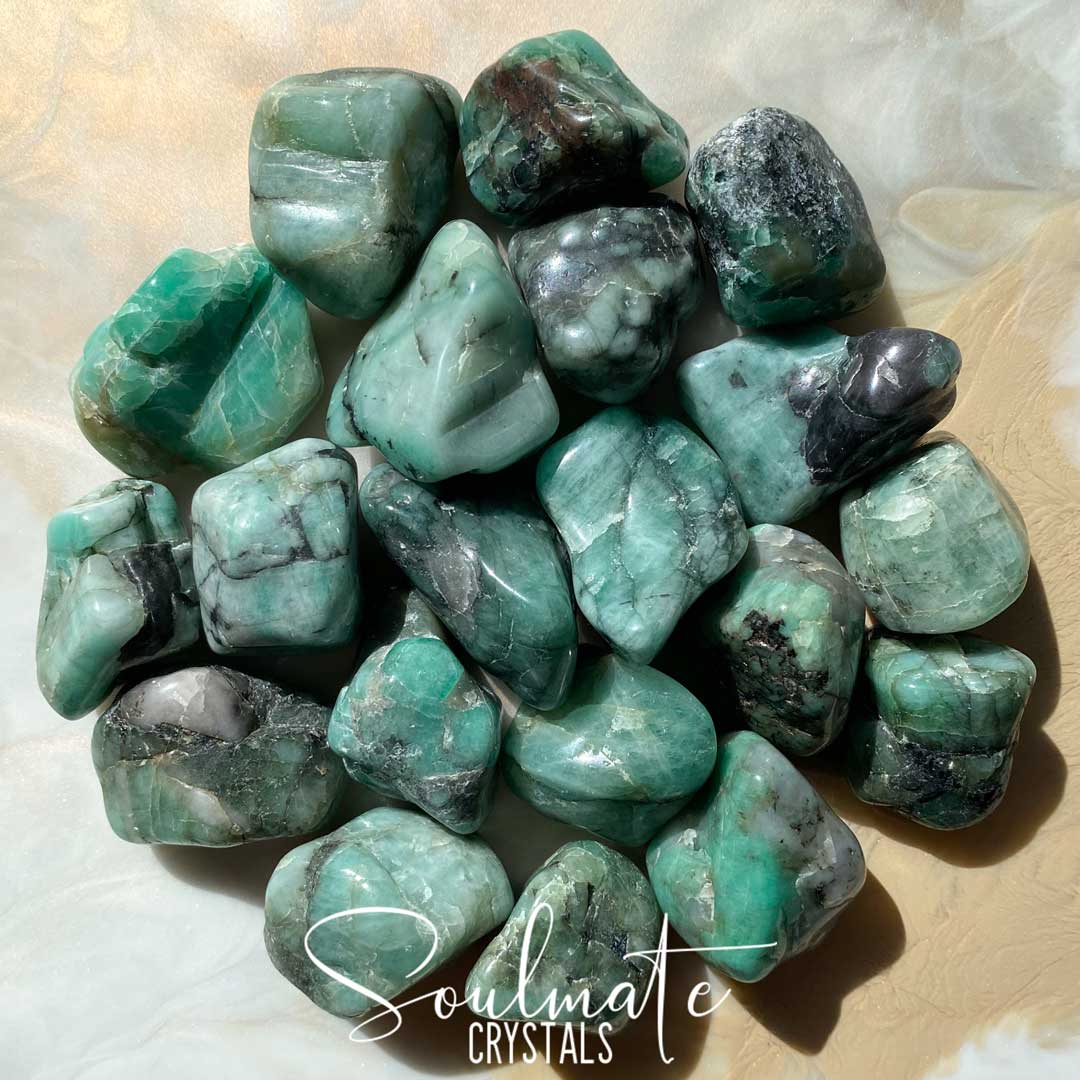 Soulmate Crystals Emerald Tumbled Stone, Polished Green Crystals Black Inclusions, Love and Truth Stone, Size Large