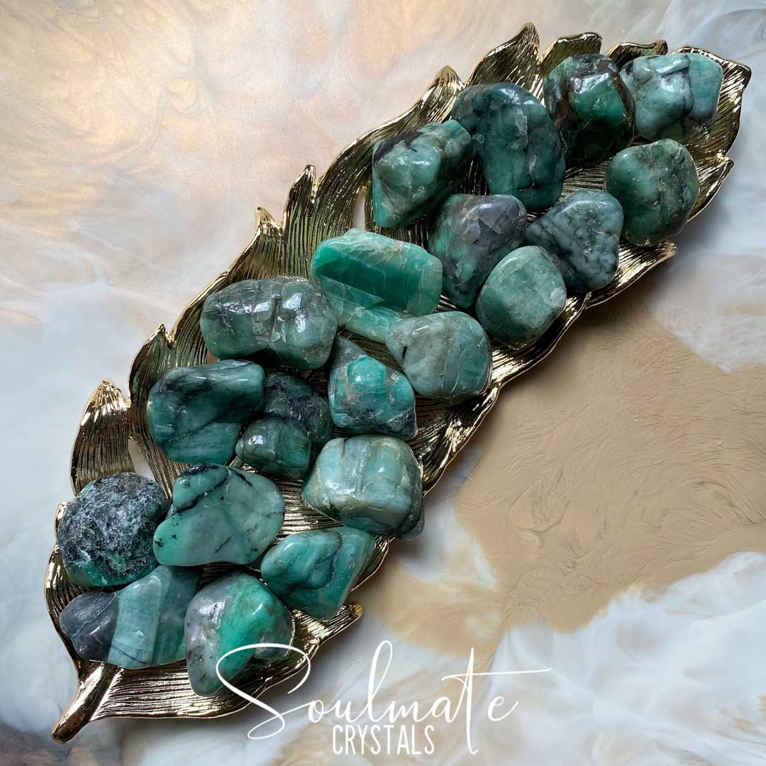 Soulmate Crystals Emerald Tumbled Stone, Polished Green Crystals Black Inclusions, Love and Truth Stone, Size Large