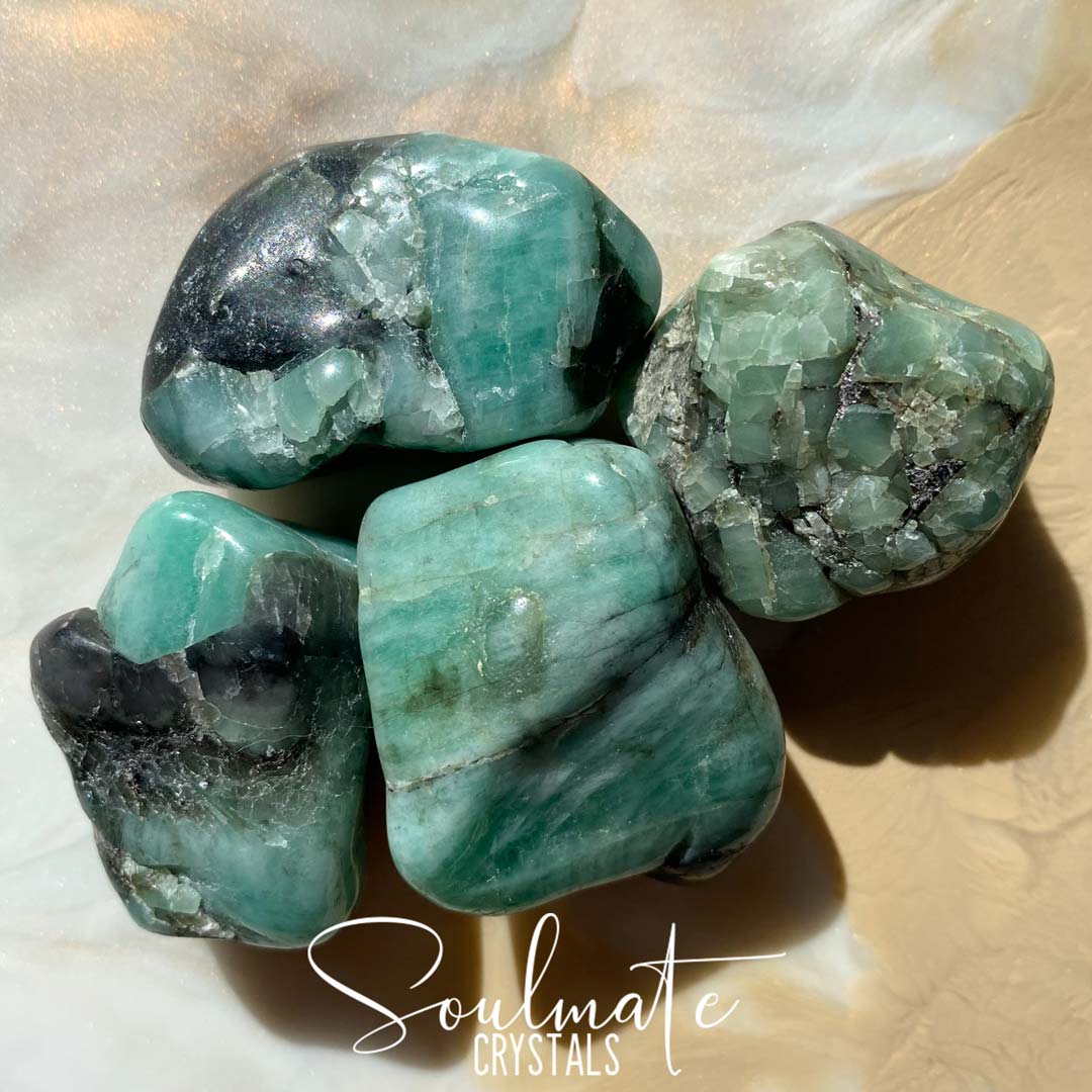 Soulmate Crystals Emerald Tumbled Stone, Polished Green Crystals Black Inclusions, Love and Truth Stone, Size Large
