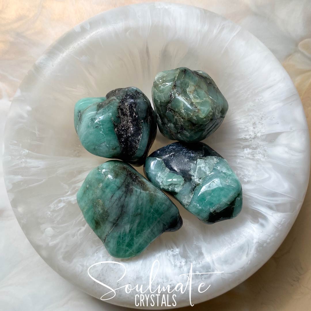 Soulmate Crystals Emerald Tumbled Stone, Polished Green Crystals Black Inclusions, Love and Truth Stone, Size Large