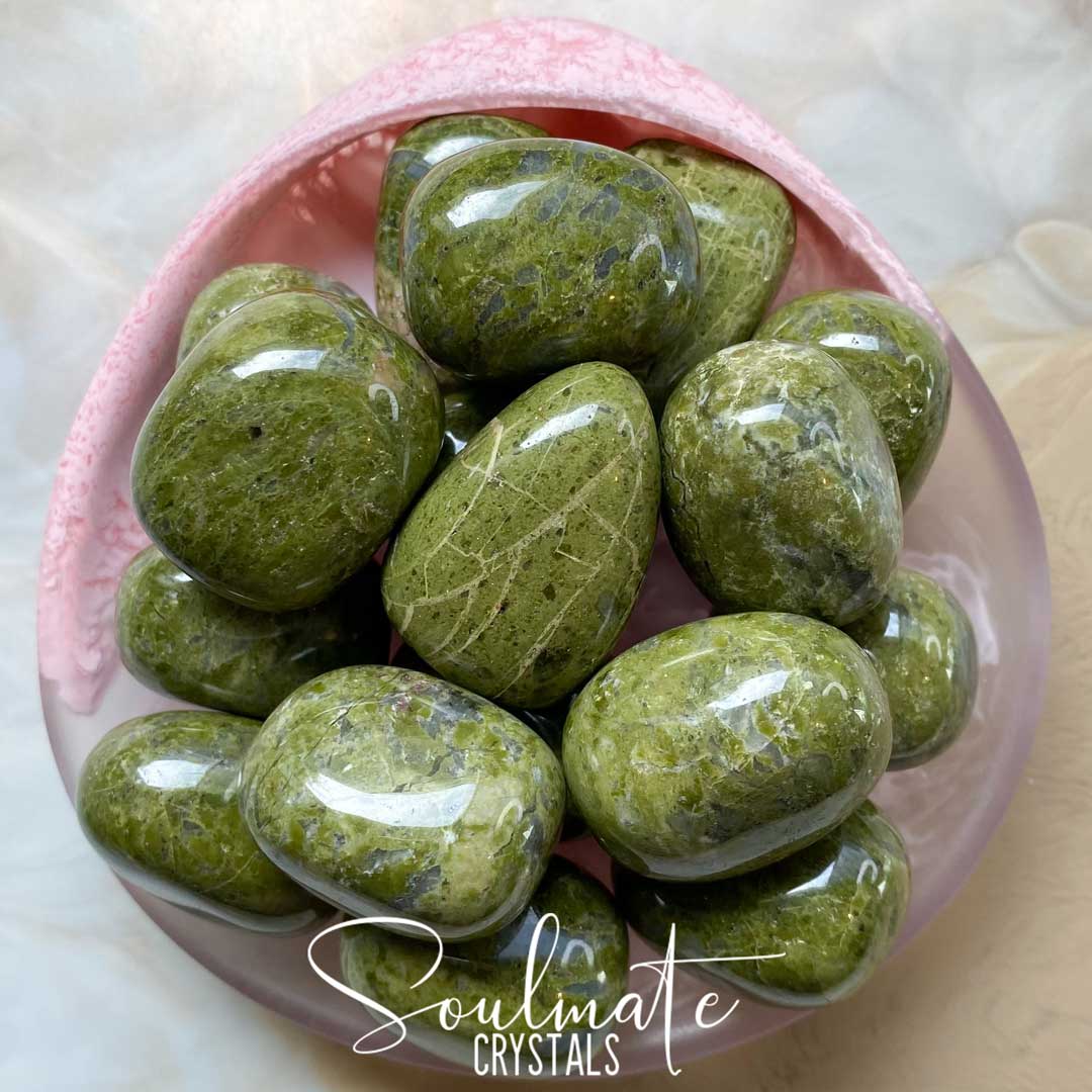 Soulmate Crystals Epidote Green Tumbled Stone, Olive Green Crystal for Attraction, Enhancement, Transformation, Optimism.