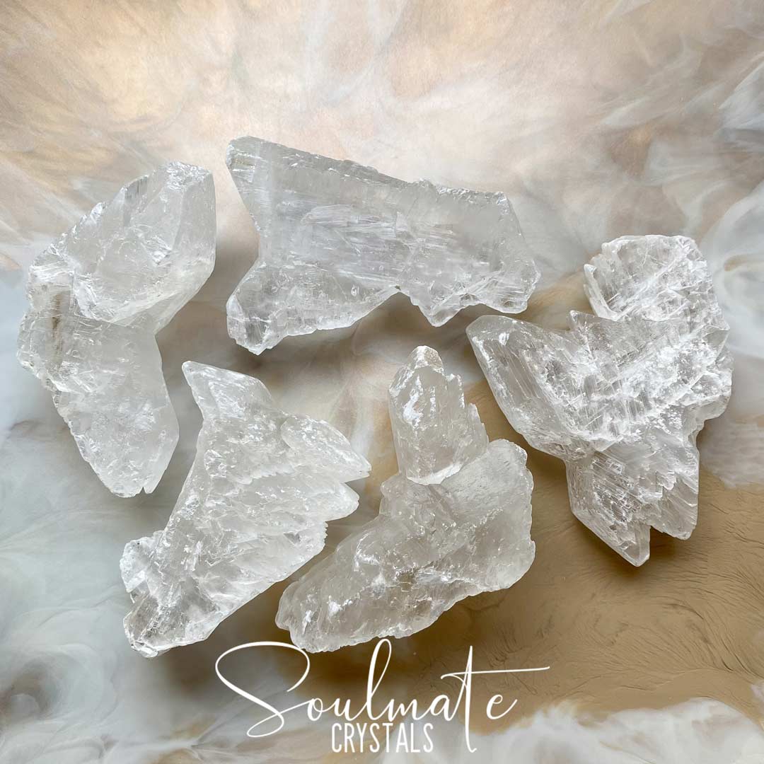 Soulmate Crystals Fishtail Selenite Raw Mineral Specimen, White Fibrous Gypsum Crystal for Energetic Cleansing, Angel Wing Selenite.