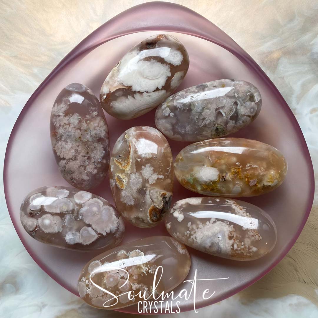 Soulmate Crystals Flower Agate Polished Crystal Pebble, Pink, Peach Translucent Crystal, Agate Blossom Inclusions for Positivity, Conscious Expansion, Potential.