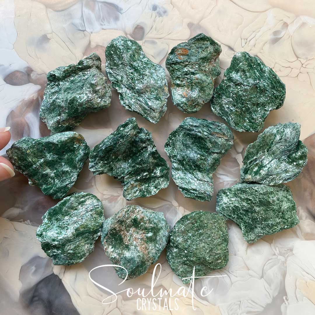 Soulmate Crystals Fuchsite Raw Natural Stone, Sparkly Green Crystal for Nature Connection, Joy and Rejuvenation.