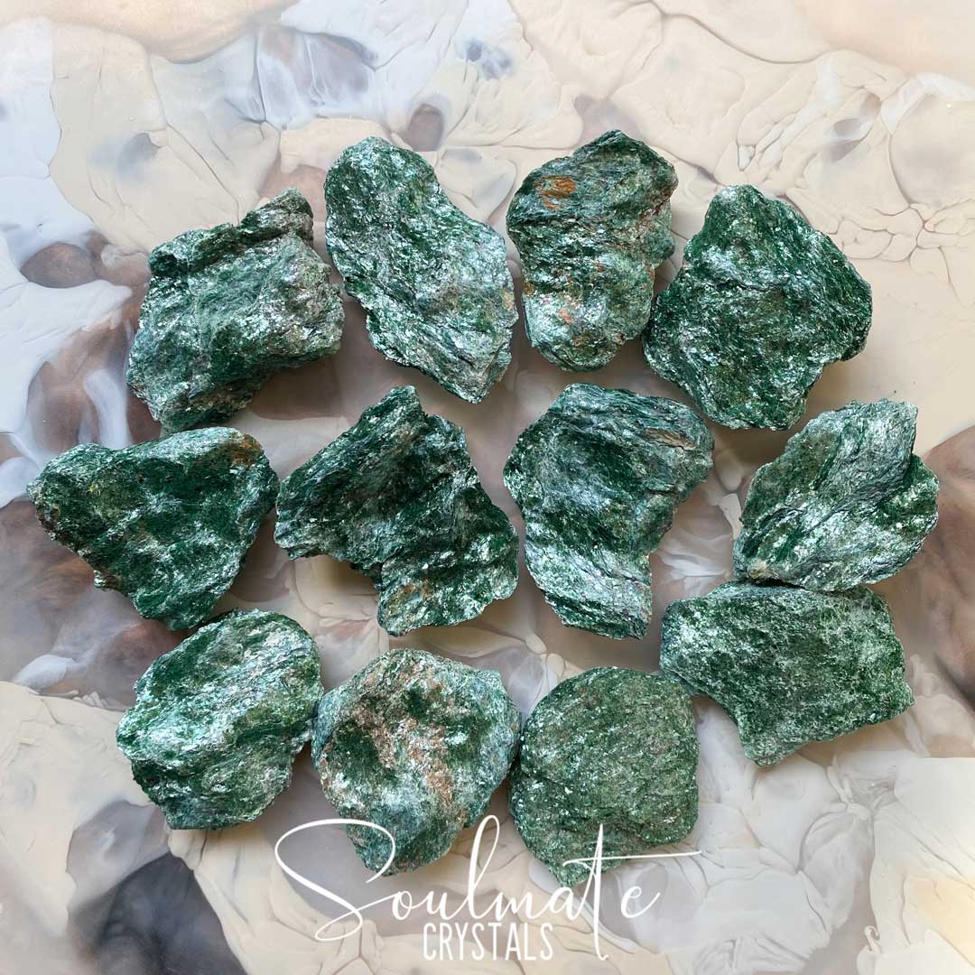 Soulmate Crystals Fuchsite Raw Natural Stone, Sparkly Green Crystal for Nature Connection, Joy and Rejuvenation.