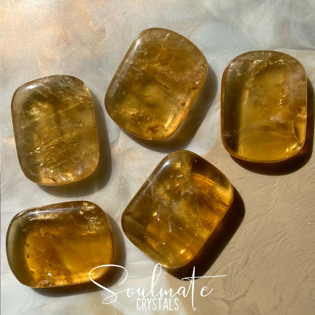 Soulmate Crystals Golden Aragonite Polished Palm Stone, Translucent Gold Crystal for Emotional Harmony, Focus, Meditation and Serenity