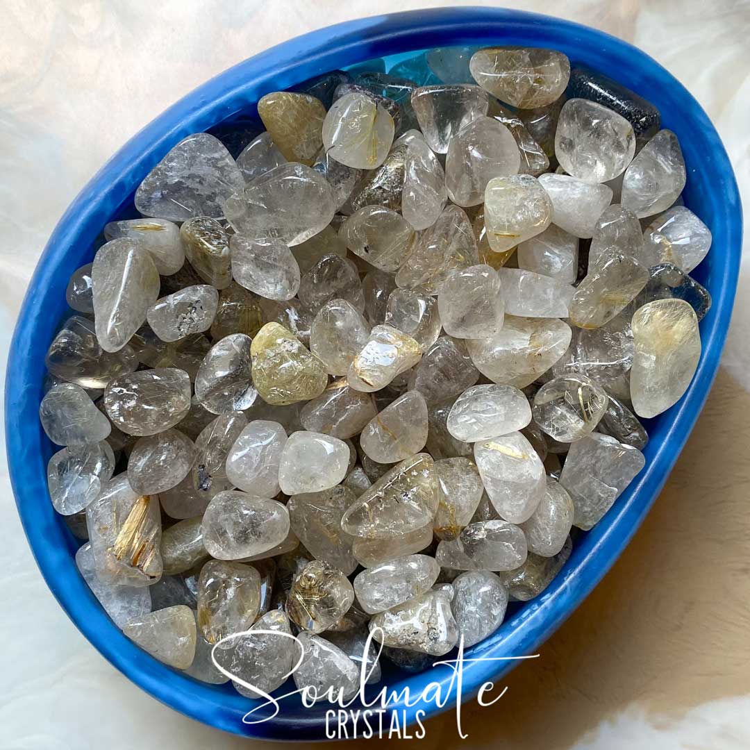 Soulmate Crystals Gold Rutilated Quartz Tumbled Stone Mini Chips, Polished Clear Opaque Crystal for Harmonising Energy, Manifestation, Spiritual Growth, Gold Rutile Inclusions for Creativity.