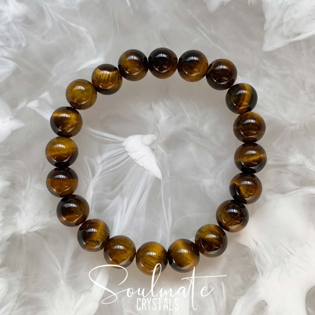 Soulmate Crystal's Gold Tigers Eye Polished Stone Bracelet, Golden Brown Crystal for Courage and Abundance, One Size Fits Most, Crystal Jewellery
