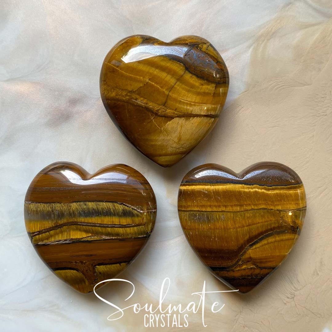 Soulmate Crystals Gold Tiger&#39;s Eye Polished Crystal Heart, Chatoyant Gold Crystal for Courage, Self-Worth, Prosperity, Abundance