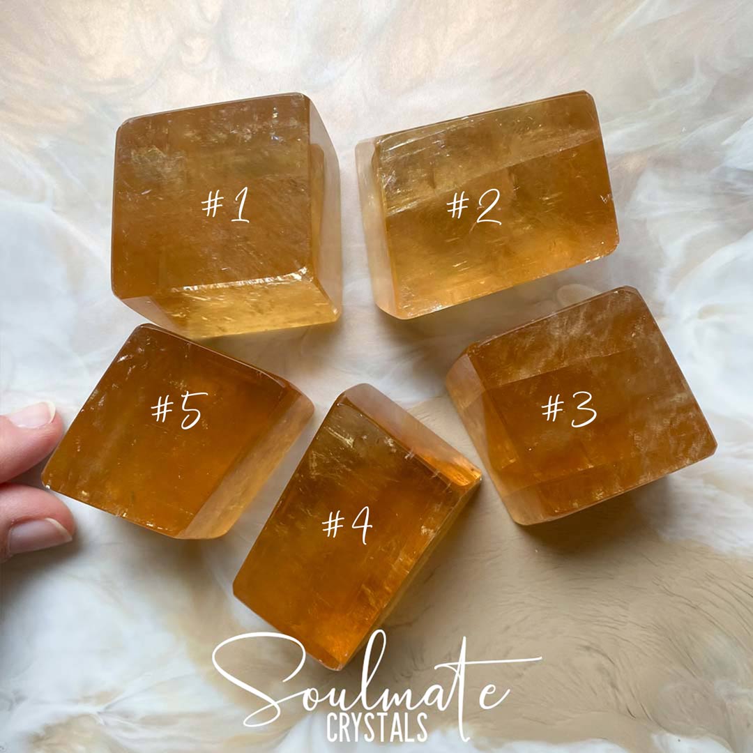Soulmate Crystals Golden Optical Calcite Polished Crystal Polished Geo Shape, Translucent Gold Crystal for Emotional Wellbeing, Higher Awareness, Revitalisation