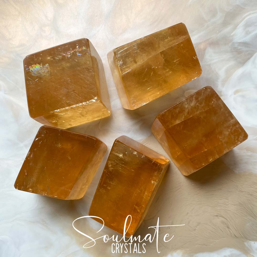 Soulmate Crystals Golden Optical Calcite Polished Crystal Polished Geo Shape, Translucent Gold Crystal for Emotional Wellbeing, Higher Awareness, Revitalisation