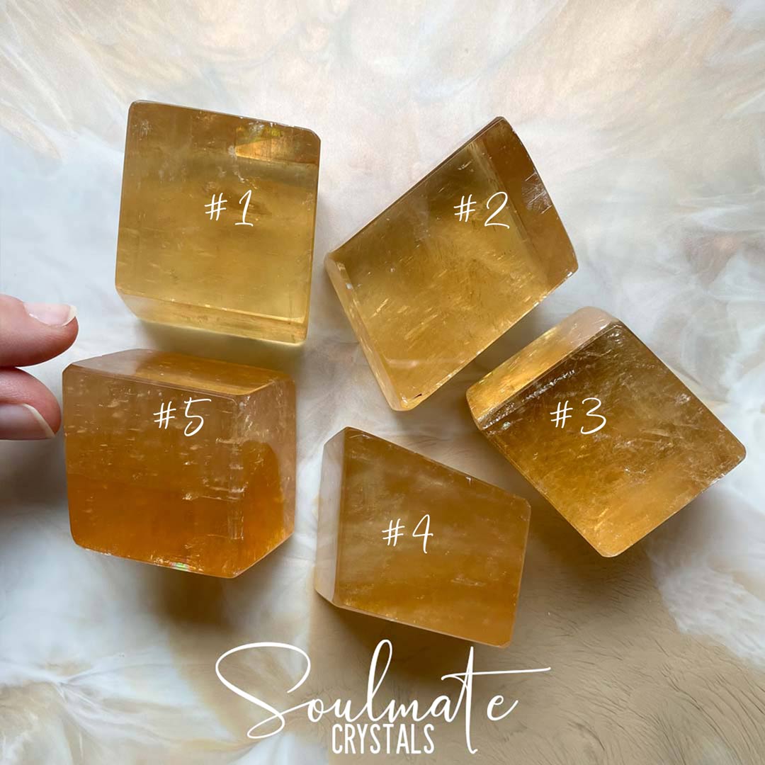 Soulmate Crystals Golden Optical Calcite Polished Crystal Polished Geo Shape, Translucent Gold Crystal for Emotional Wellbeing, Higher Awareness, Revitalisation