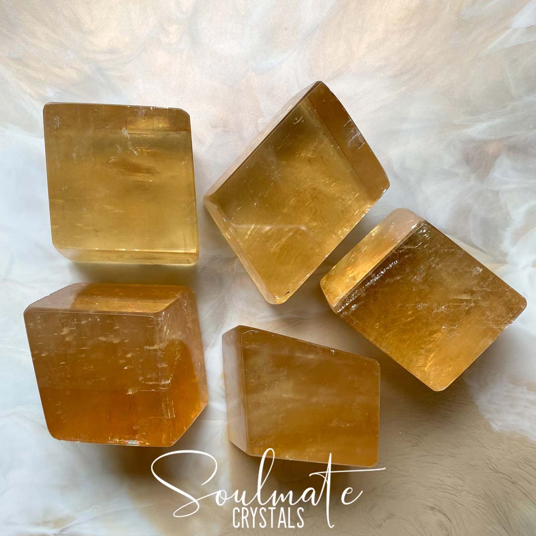 Soulmate Crystals Golden Optical Calcite Polished Crystal Polished Geo Shape, Translucent Gold Crystal for Emotional Wellbeing, Higher Awareness, Revitalisation