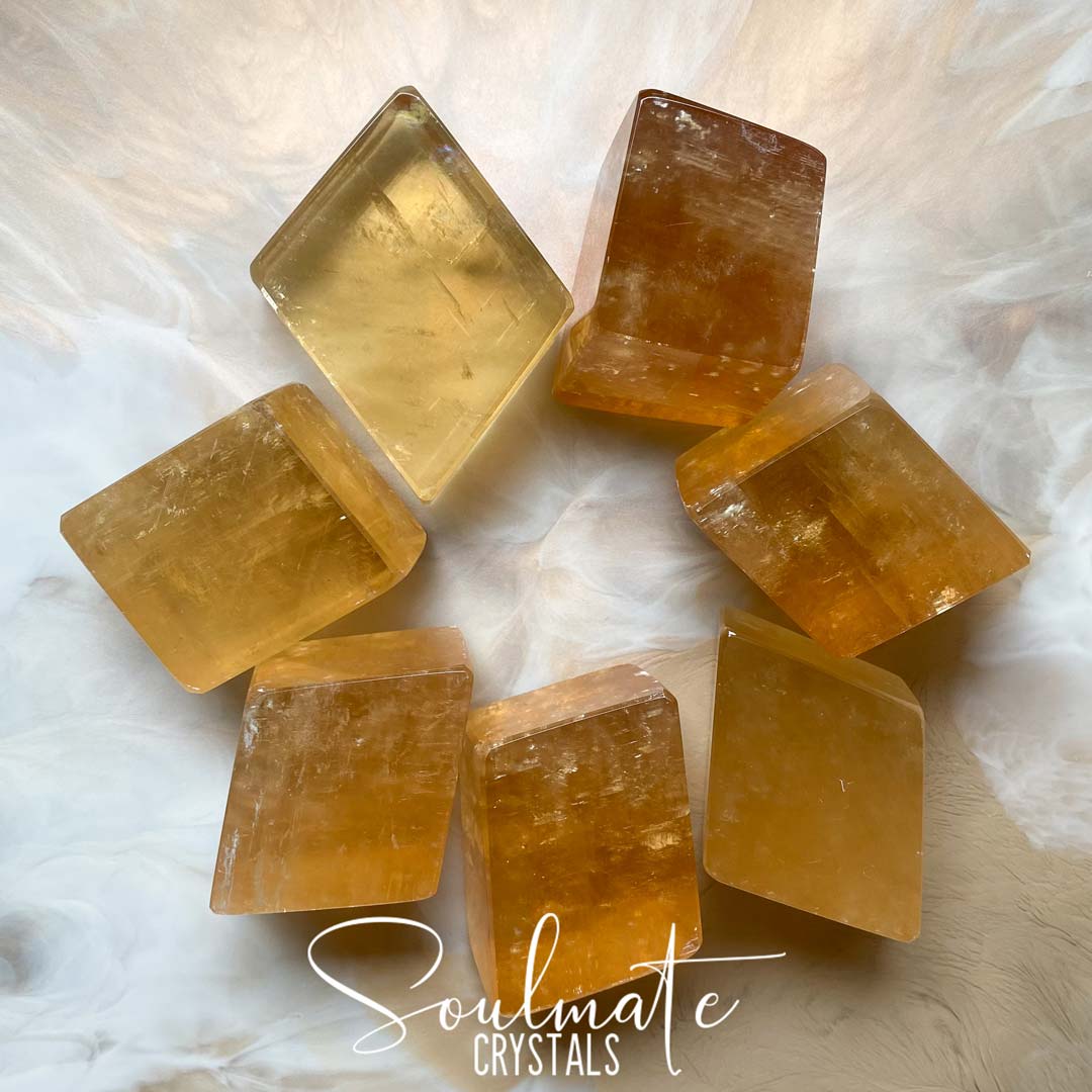 Soulmate Crystals Golden Optical Calcite Polished Crystal Polished Geo Shape, Translucent Gold Crystal for Emotional Wellbeing, Higher Awareness, Revitalisation
