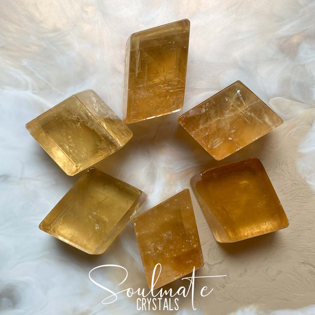 Soulmate Crystals Golden Optical Calcite Polished Crystal Polished Geo Shape, Translucent Gold Crystal for Emotional Wellbeing, Higher Awareness, Revitalisation