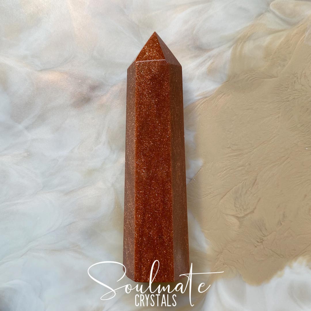 Soulmate Crystals Goldstone Polished Crystal Point, Glittery Orange Crystal for Ambition, Luck, Confidence.