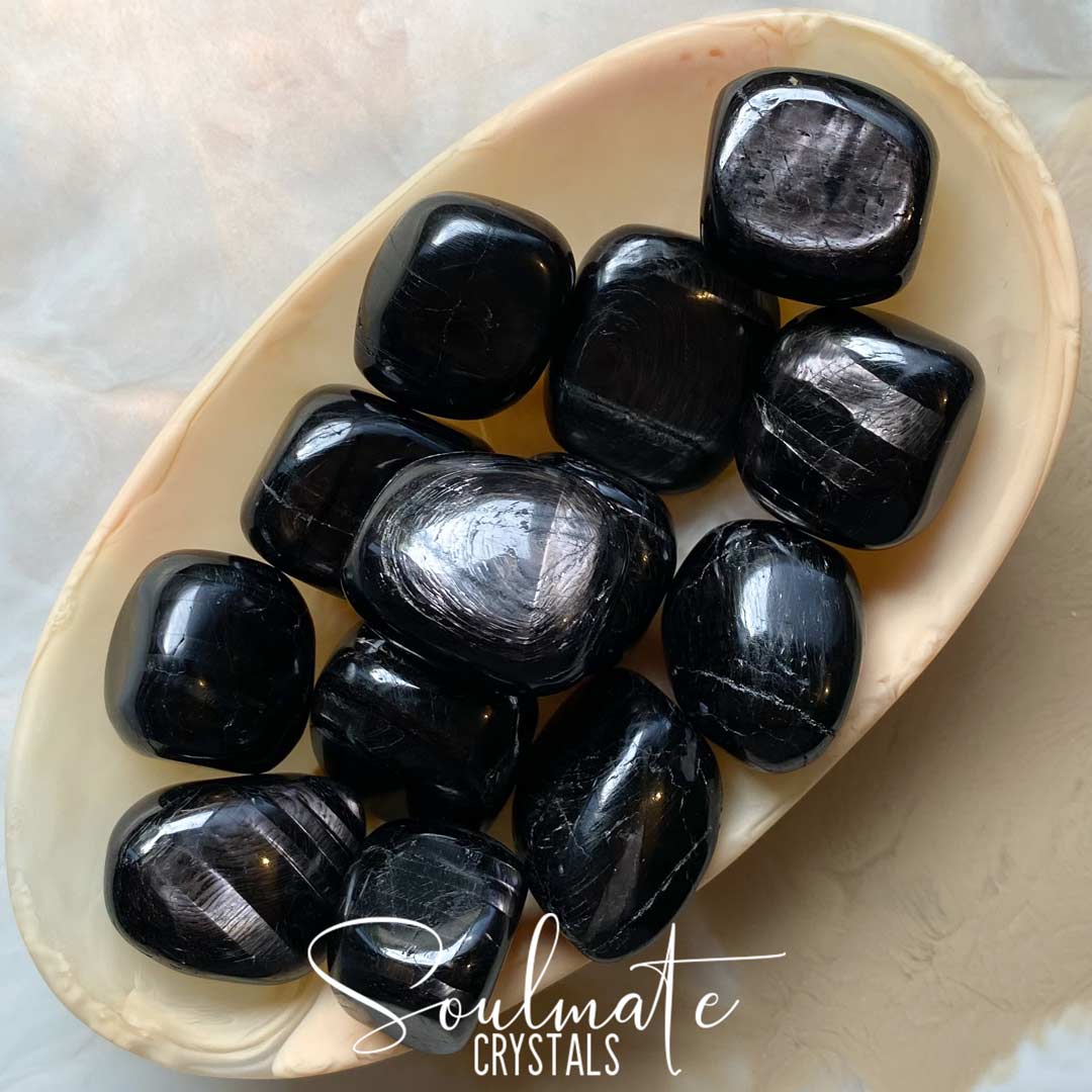 Soulmate Crystals Hypersthene Black Tumbled Stone, Chatoyant Black Crystal for Creative Visualisation, Manifestation, Shadow Work, Visioning