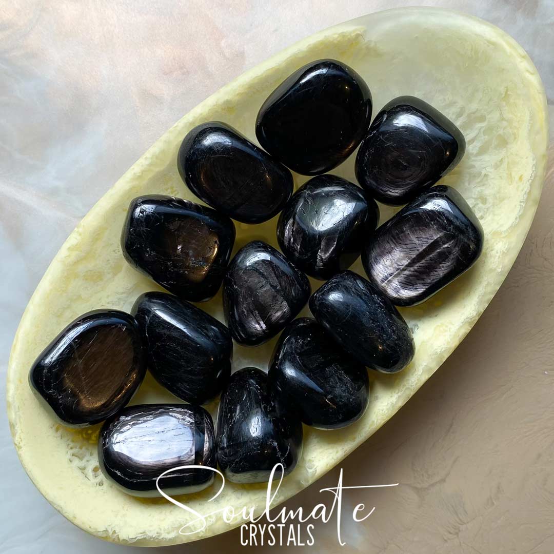 Soulmate Crystals Hypersthene Black Tumbled Stone, Chatoyant Black Crystal for Creative Visualisation, Manifestation, Shadow Work, Visioning