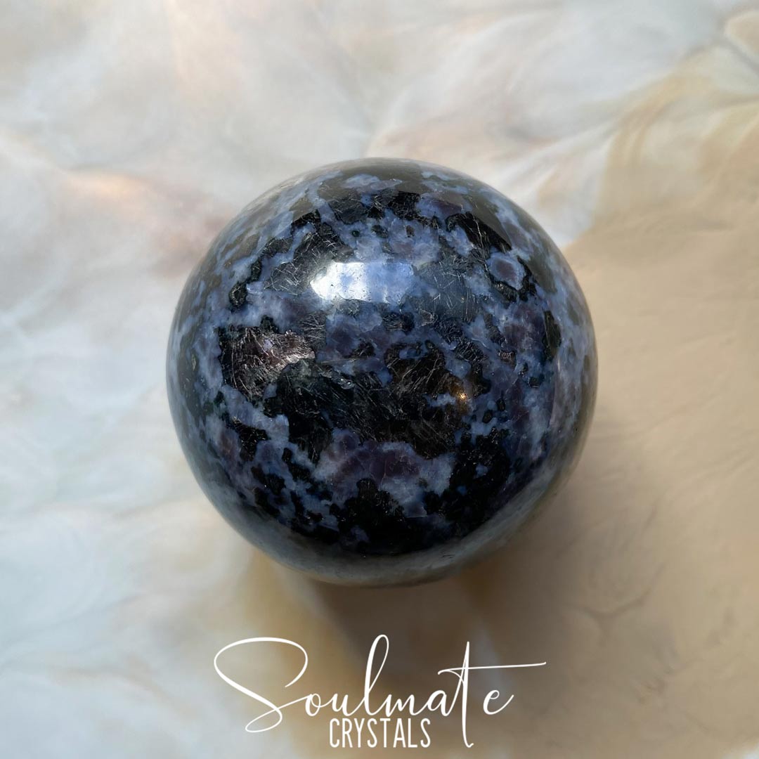 Soulmate Crystals Indigo Gabbro Polished Crystal Sphere, Black Grey Mottled Crystal for Intuition and Meditation, Mystic Merlinite Stone.