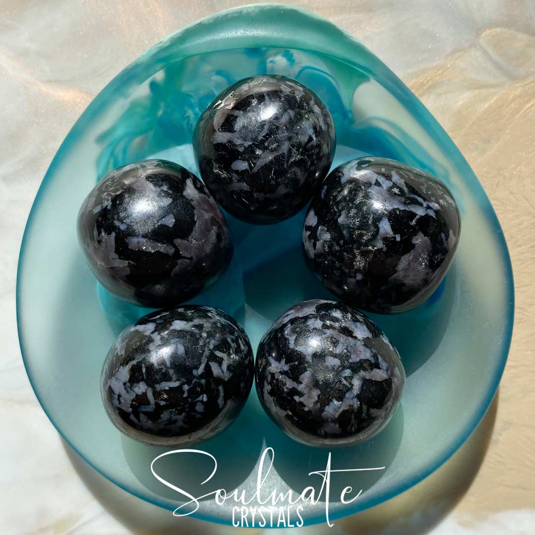 Soulmate Crystals Indigo Gabbro Tumbled Stone, Black Grey Mottled Crystal for Intuition and Meditation, Mystic Merlinite Stone.