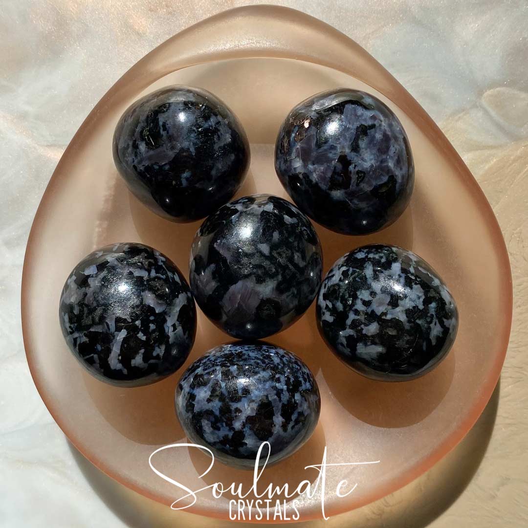 Soulmate Crystals Indigo Gabbro Tumbled Stone, Black Grey Mottled Crystal for Intuition and Meditation, Mystic Merlinite Stone.