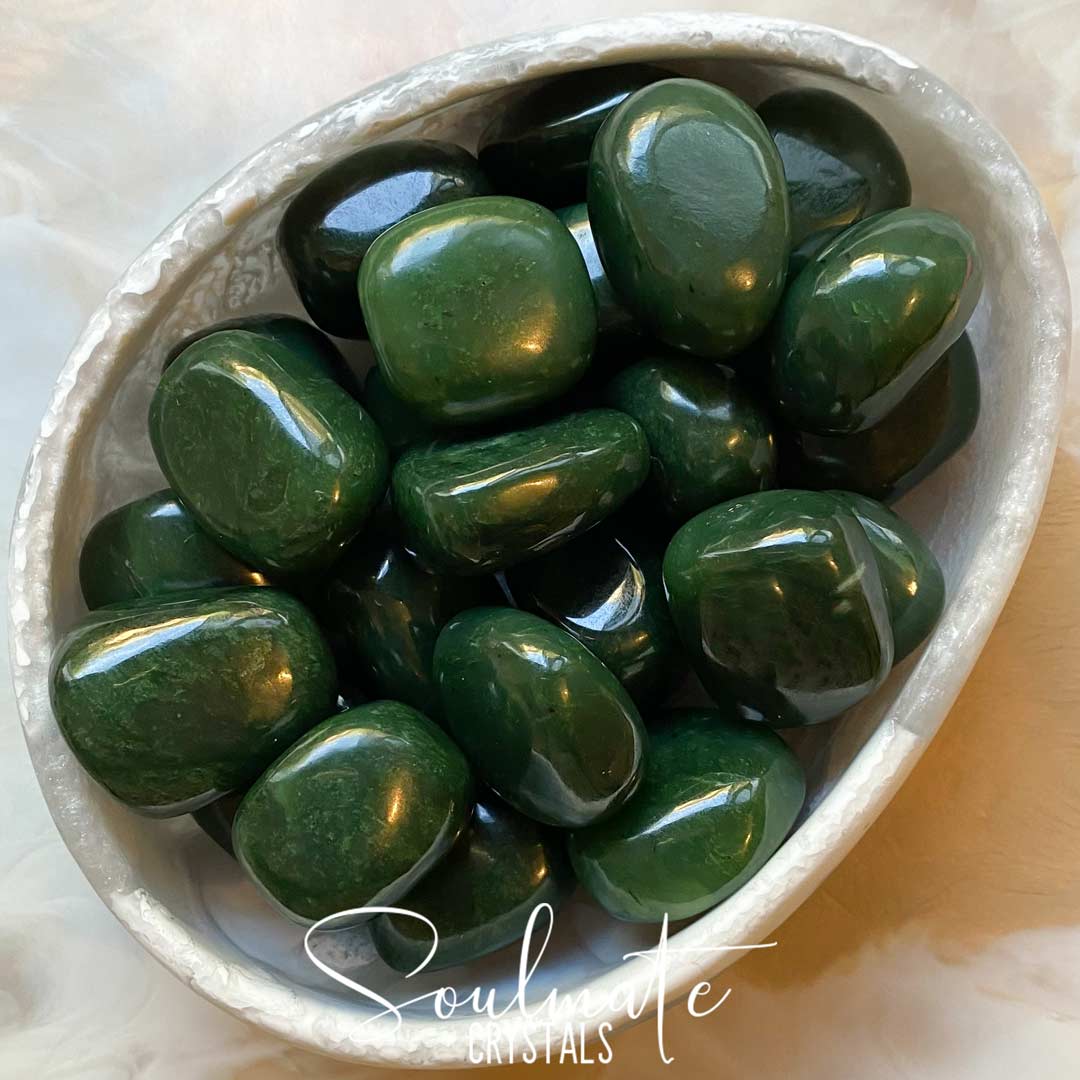 Soulmate Crystals Jade Nephrite Tumbled Stone, Deep Green Crystal for Health, Longevity, Prosperity, Heart Nurturing, Wisdom, Harmony.