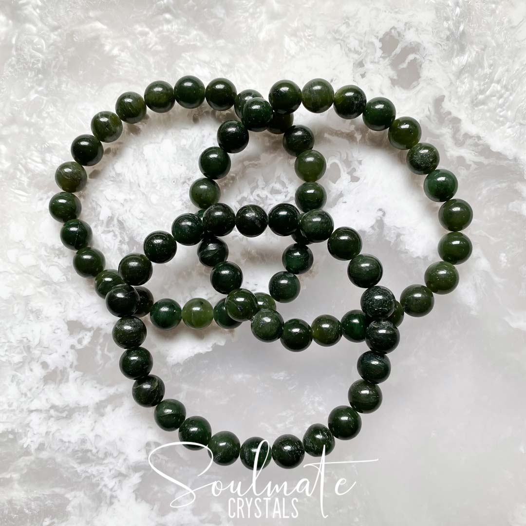 Soulmate Crystals Jade Nephrite Polished Crystal Bracelet, Green Crystal Beaded Bracelet for Health, Longevity and Prosperity.