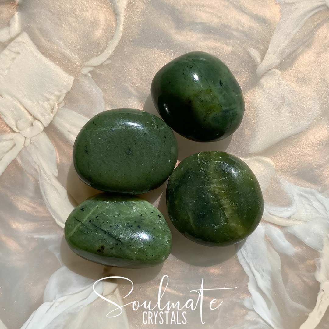Soulmate Crystals Jade Nephrite Tumbled Stone, Deep Green Crystal for Health, Longevity, Prosperity, Heart Nurturing, Wisdom, Harmony.