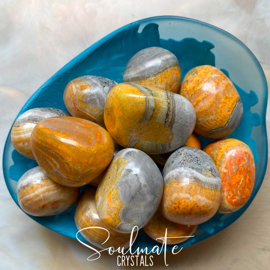 Soulmate Crystals Bumblebee Jasper Eclipse Stone Tumbled Stone, Vibrant Black-Grey Patterned Yellow Crystal for Manifestation.