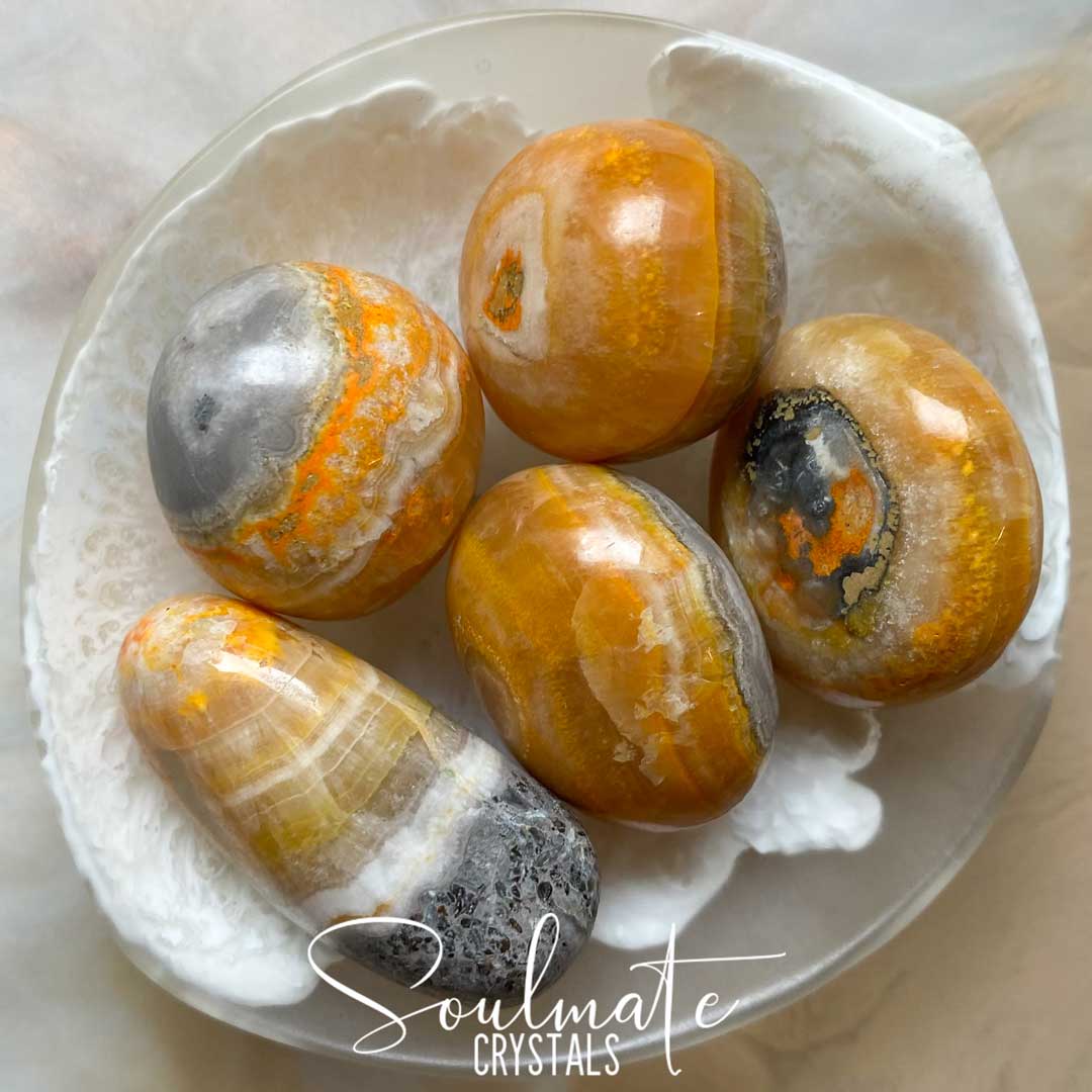 Soulmate Crystals Bumblebee Jasper Eclipse Stone Tumbled Stone, Vibrant Black-Grey Patterned Yellow Crystal for Manifestation.