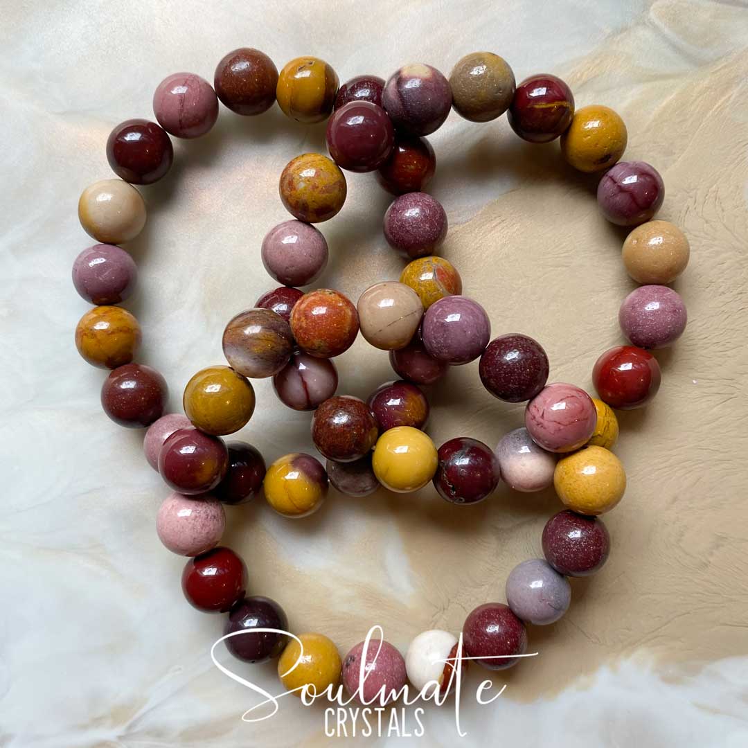 Soulmate Crystals Mookaite Jasper Polished Crystal Bracelet, Australian Red Pink Yellow Crystal for Grounding, Protection, Harmony.
