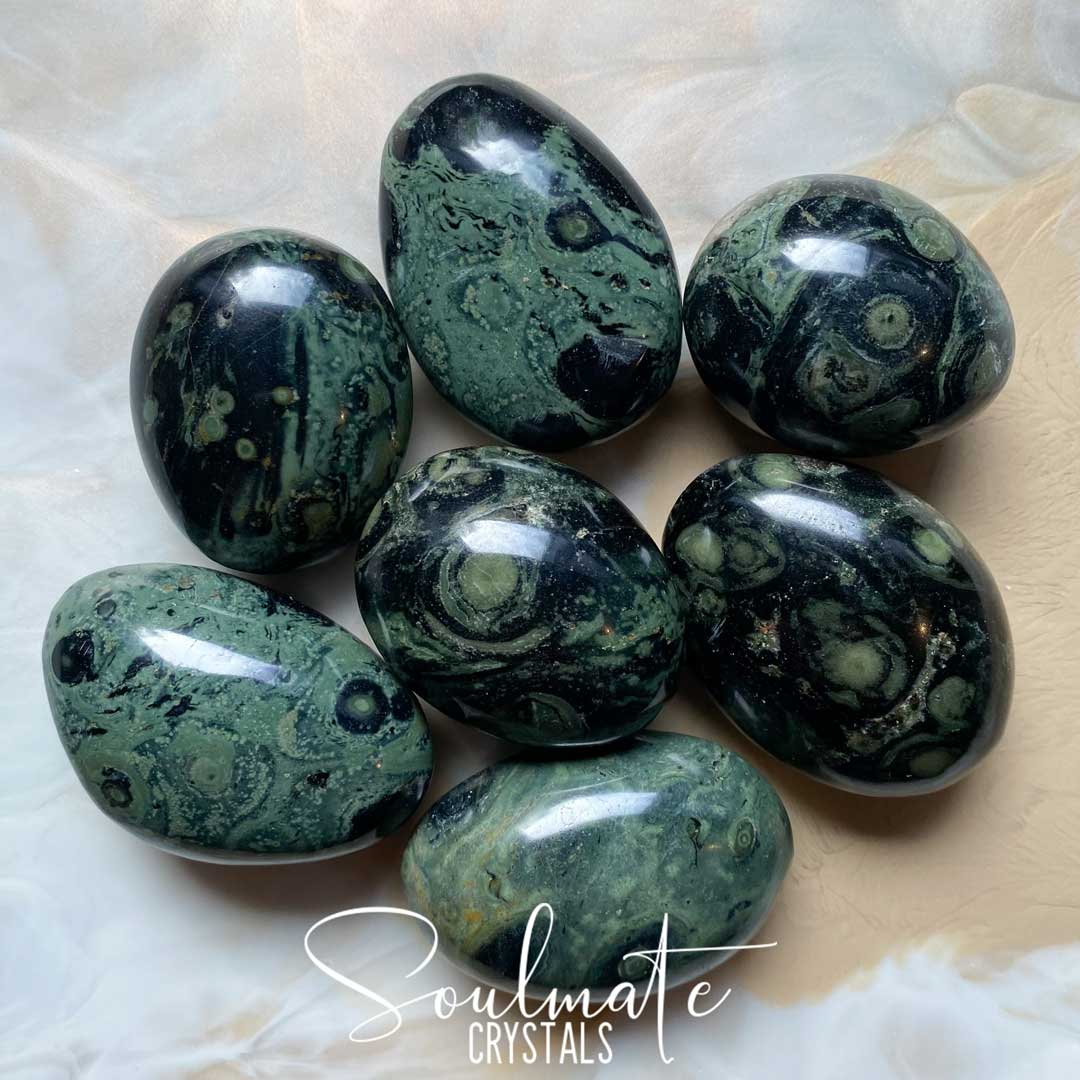 Soulmate Crystals Kambaba Jasper Polished Stone Pebble, Grey-Green Black Orbicular Patterned Crystal for Ancient Wisdom, Protection, Restoration, Stress Release.