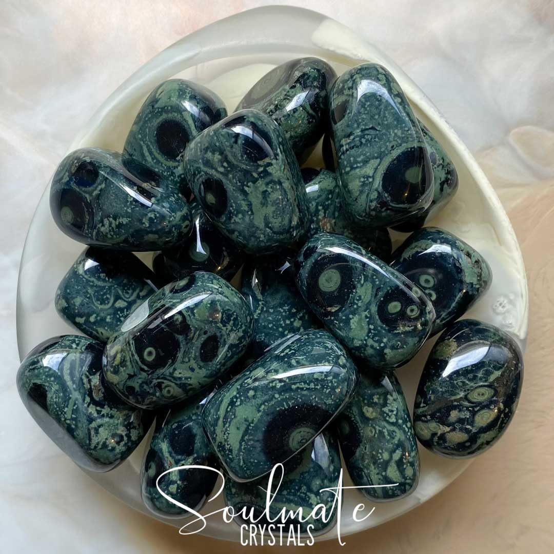 Soulmate Crystals Kambaba Jasper Tumbled Stone, Grey-Green Black Orbicular Patterned Crystal for Ancient Wisdom, Protection, Restoration, Stress Release.