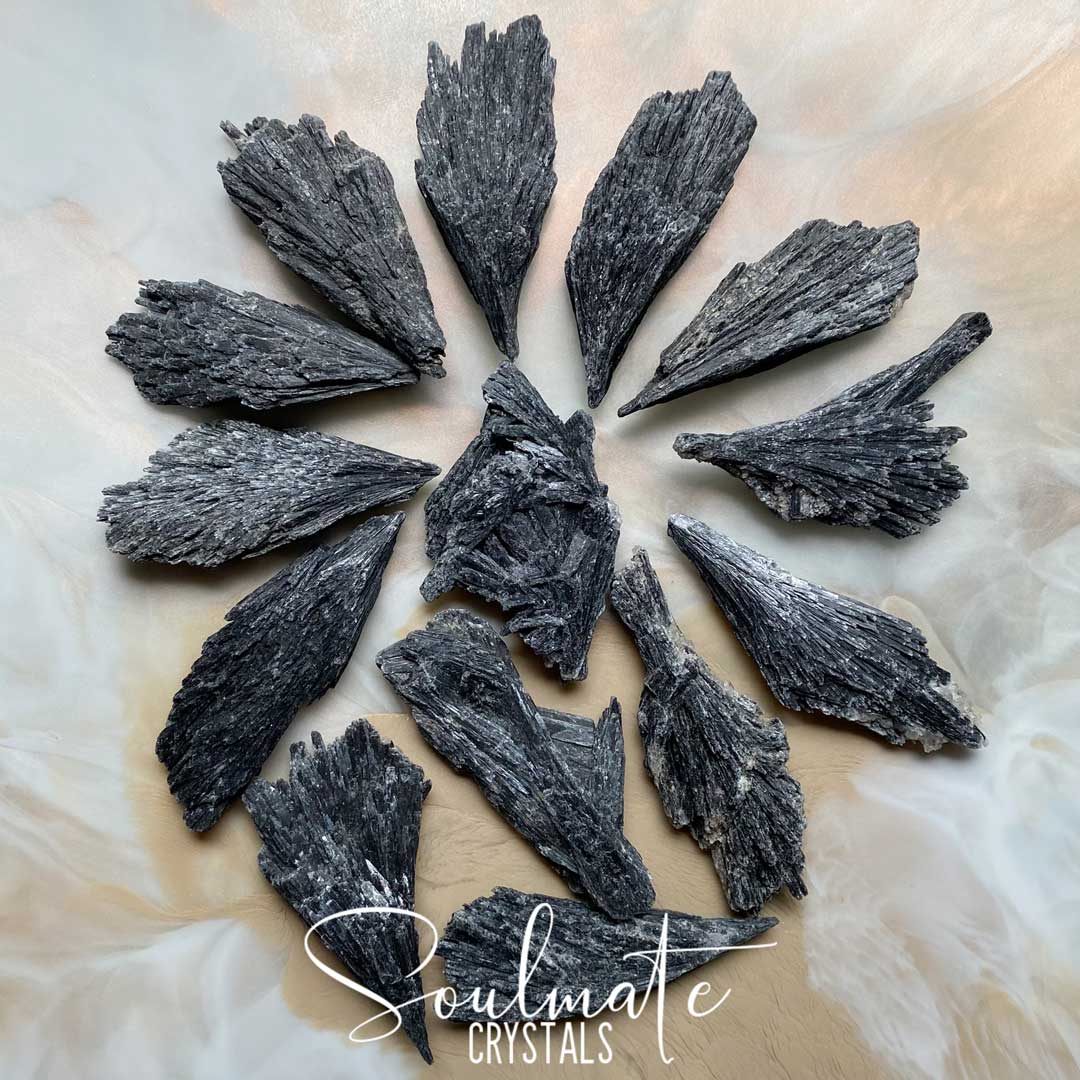 Soulmate Crystals Black Kyanite Raw Natural Stone, Natural Elongated Bladed Black Crystal for Non-Attachment, Aura Healing and Negativity Banishment, Witches Broom.