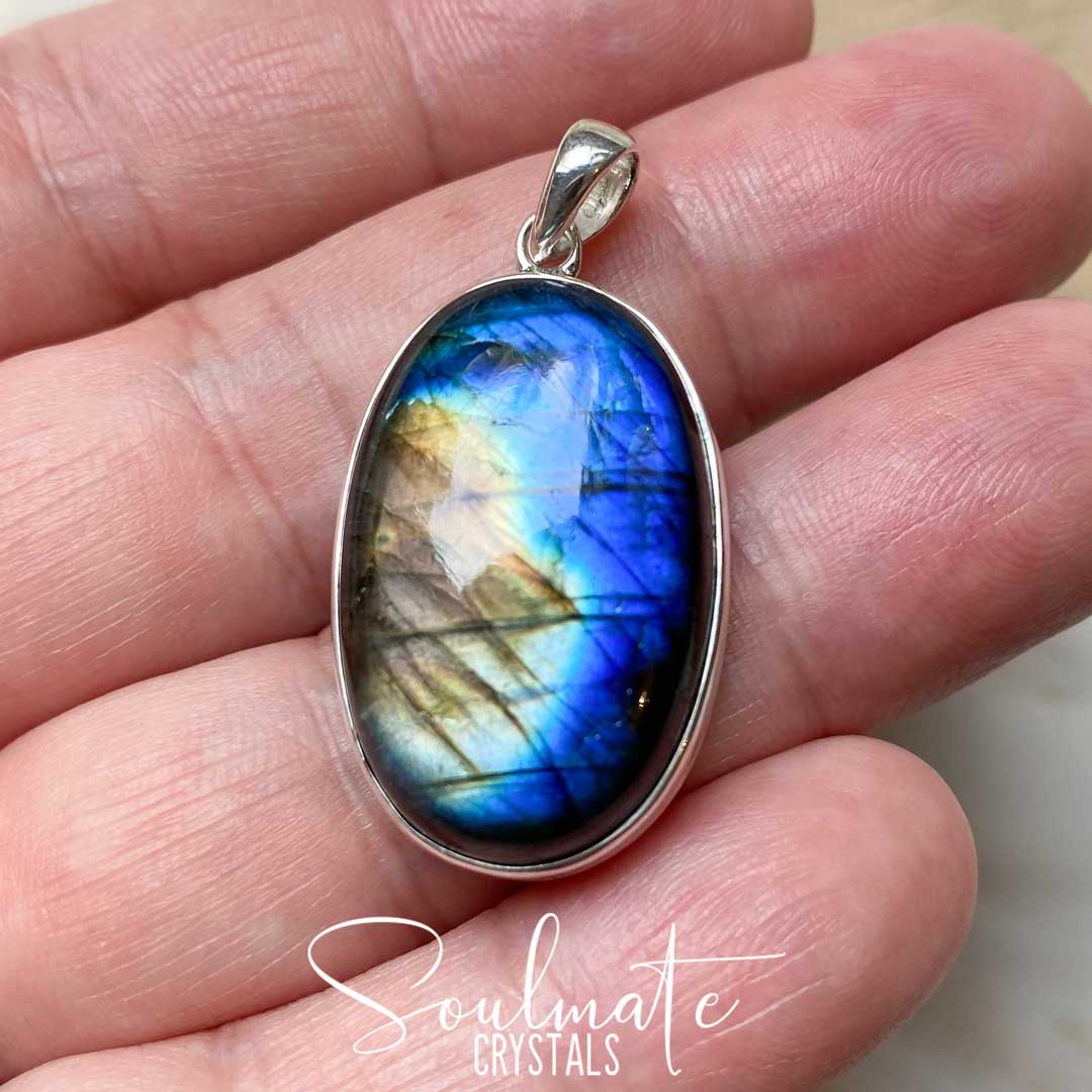 Soulmate Crystals Labradorite Polished Crystal Pendant Oval Sterling Silver, Orange, Blue, Green, Gold, Flashy Crystal for Destiny, Higher Consciousness, Wisdom, Dreaming, Pendant, Jewellery, Jewelry, Wearable Crystal Jewellery.