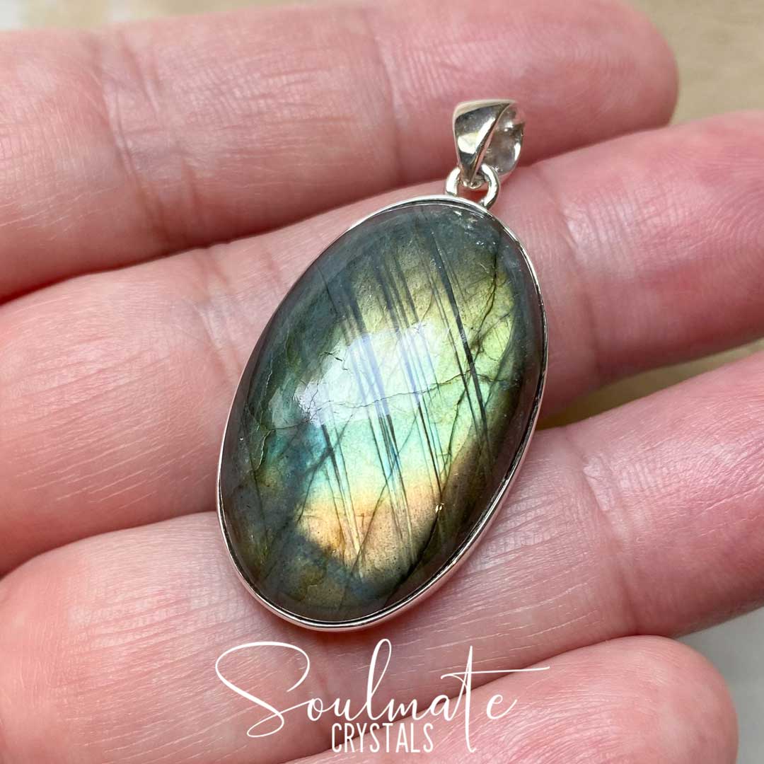 Soulmate Crystals Labradorite Polished Crystal Pendant Oval Sterling Silver, Orange, Blue, Green, Gold, Flashy Crystal for Destiny, Higher Consciousness, Wisdom, Dreaming, Pendant, Jewellery, Jewelry, Wearable Crystal Jewellery.