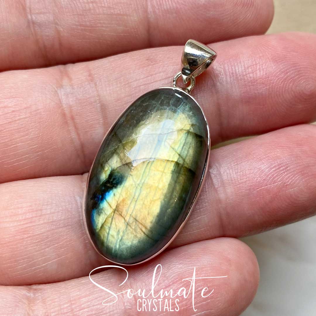 Soulmate Crystals Labradorite Polished Crystal Pendant Oval Sterling Silver, Orange, Blue, Green, Gold, Flashy Crystal for Destiny, Higher Consciousness, Wisdom, Dreaming, Pendant, Jewellery, Jewelry, Wearable Crystal Jewellery.
