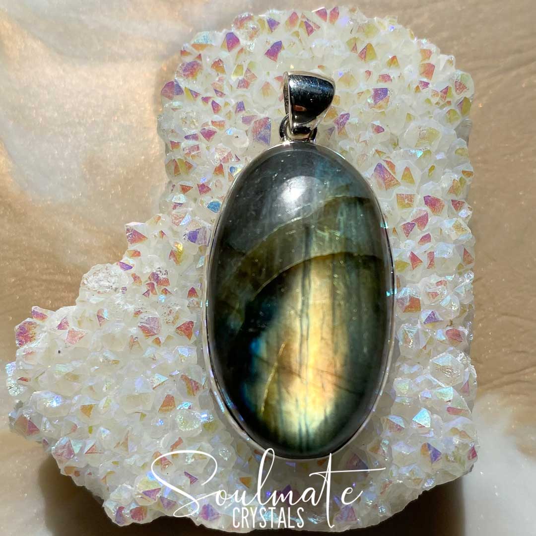 Soulmate Crystals Labradorite Polished Crystal Pendant Oval Sterling Silver, Orange, Blue, Green, Gold, Flashy Crystal for Destiny, Higher Consciousness, Wisdom, Dreaming, Pendant, Jewellery, Jewelry, Wearable Crystal Jewellery.