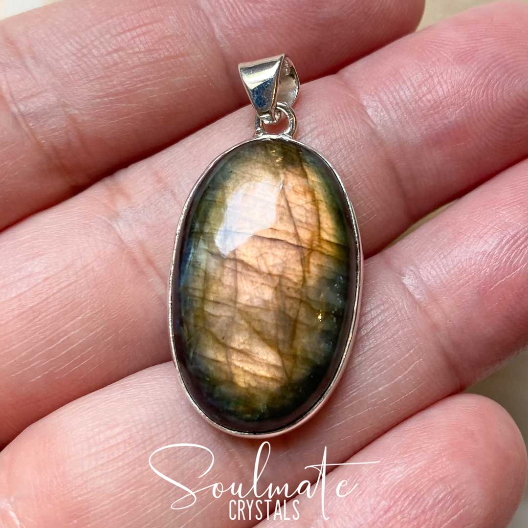 Soulmate Crystals Labradorite Polished Crystal Pendant Oval Sterling Silver, Orange, Blue, Green, Gold, Flashy Crystal for Destiny, Higher Consciousness, Wisdom, Dreaming, Pendant, Jewellery, Jewelry, Wearable Crystal Jewellery.
