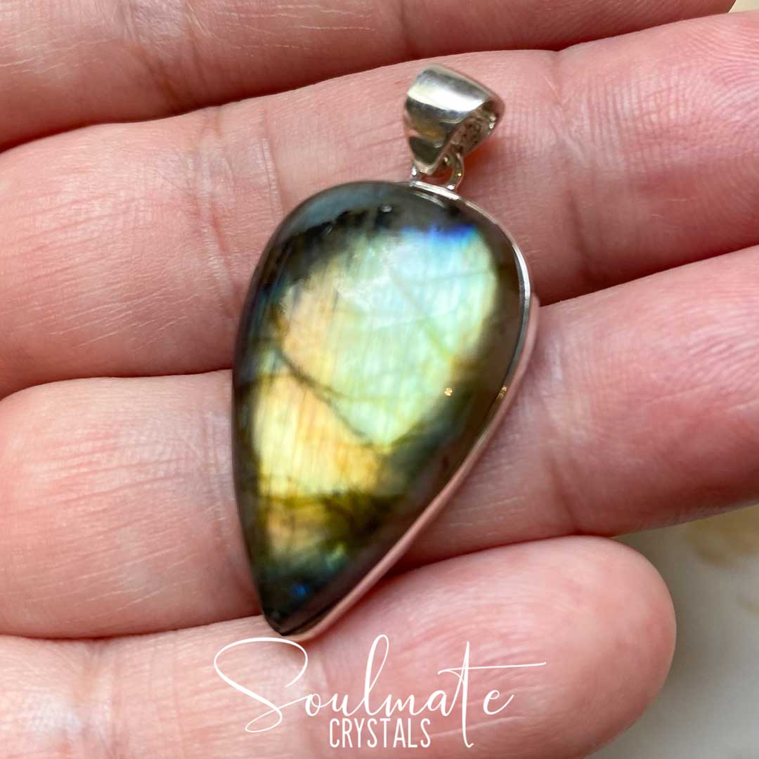 Soulmate Crystals Labradorite Polished Crystal Pendant Teardrop Sterling Silver, Orange, Blue, Green, Gold, Flashy Crystal for Destiny, Higher Consciousness, Wisdom, Dreaming, Pendant, Jewellery, Jewelry, Wearable Crystal Jewellery.