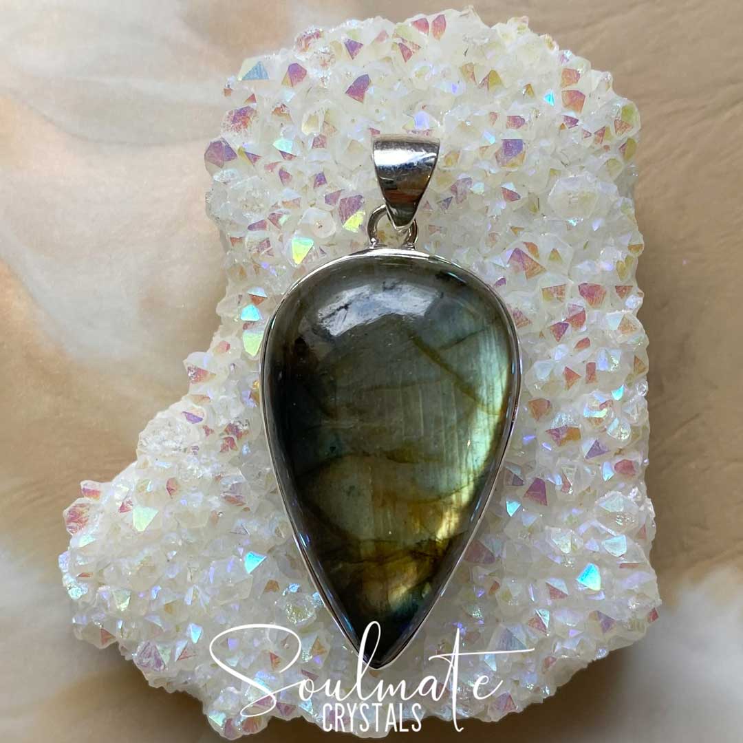 Soulmate Crystals Labradorite Polished Crystal Pendant Teardrop Sterling Silver, Orange, Blue, Green, Gold, Flashy Crystal for Destiny, Higher Consciousness, Wisdom, Dreaming, Pendant, Jewellery, Jewelry, Wearable Crystal Jewellery.