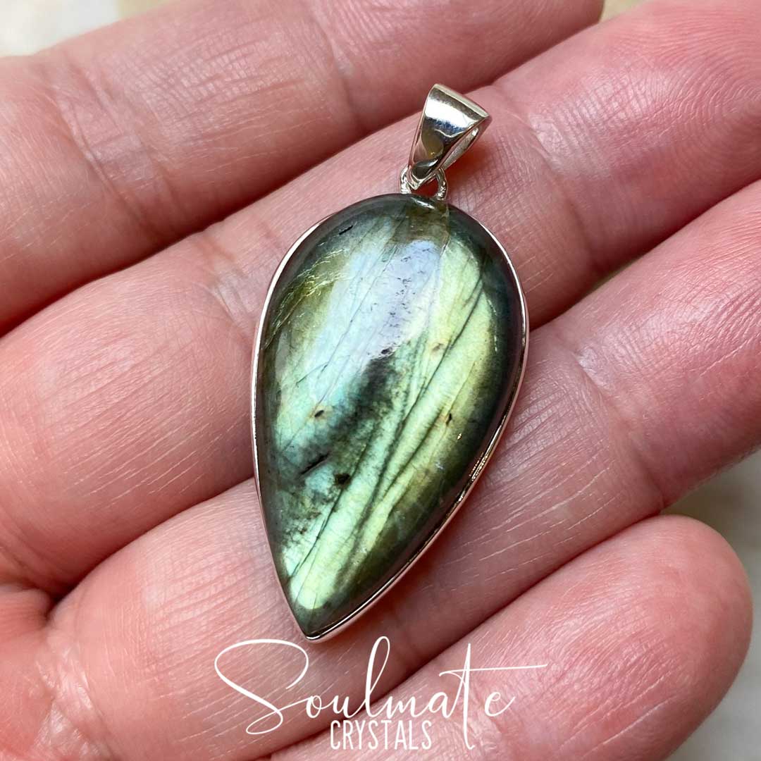 Soulmate Crystals Labradorite Polished Crystal Pendant Teardrop Sterling Silver, Orange, Blue, Green, Gold, Flashy Crystal for Destiny, Higher Consciousness, Wisdom, Dreaming, Pendant, Jewellery, Jewelry, Wearable Crystal Jewellery.