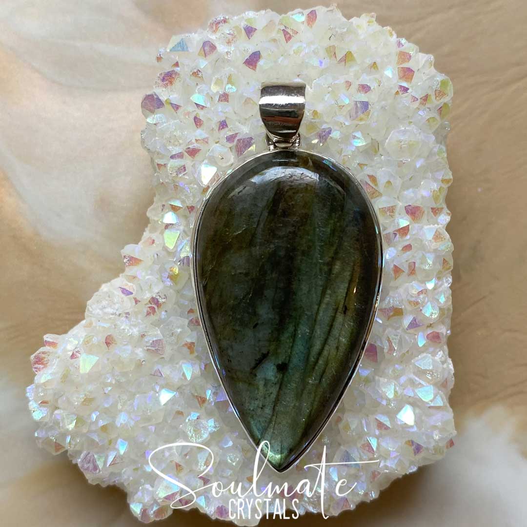 Soulmate Crystals Labradorite Polished Crystal Pendant Teardrop Sterling Silver, Orange, Blue, Green, Gold, Flashy Crystal for Destiny, Higher Consciousness, Wisdom, Dreaming, Pendant, Jewellery, Jewelry, Wearable Crystal Jewellery.
