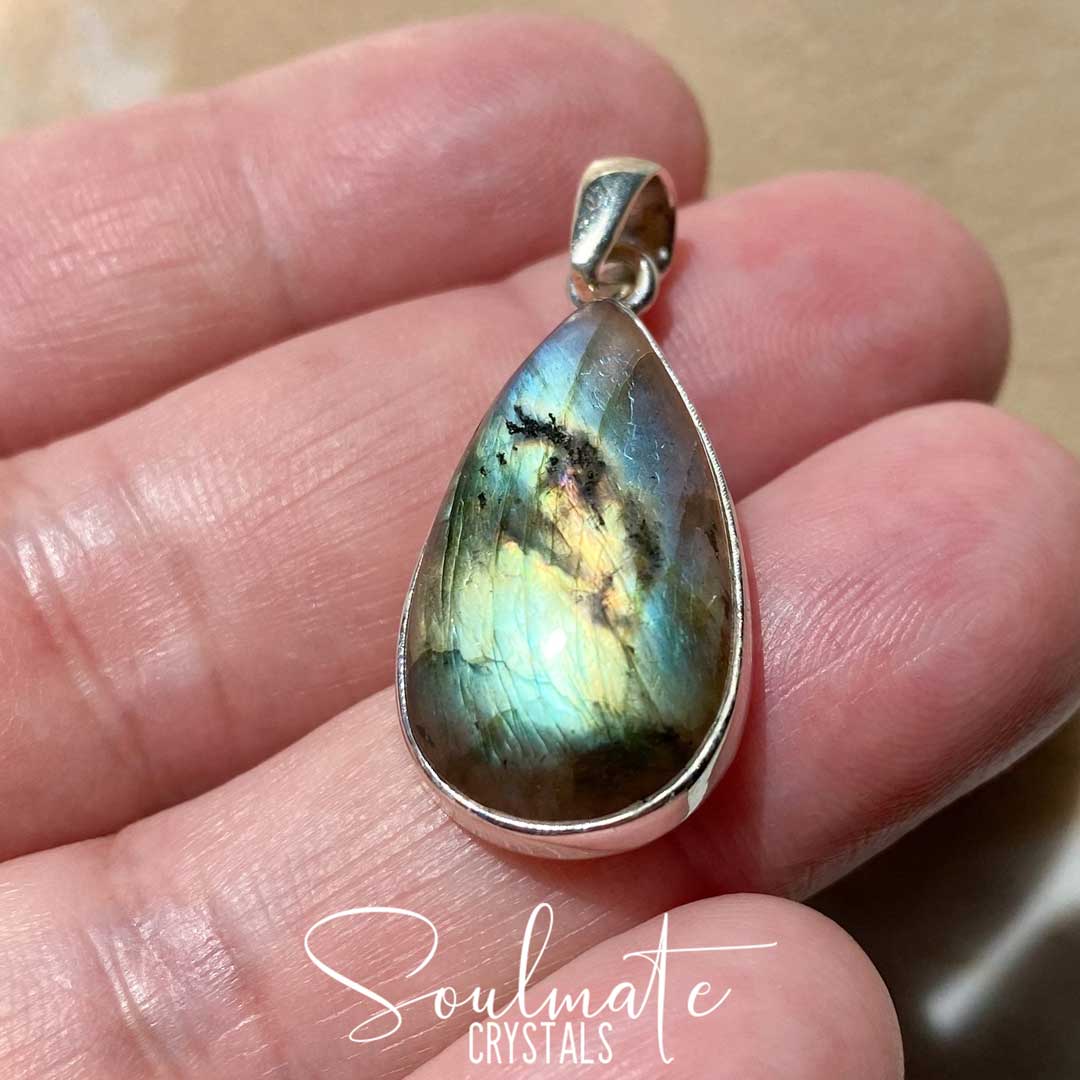 Soulmate Crystals Labradorite Polished Crystal Pendant Teardrop Sterling Silver, Orange, Blue, Green, Gold, Flashy Crystal for Destiny, Higher Consciousness, Wisdom, Dreaming, Pendant, Jewellery, Jewelry, Wearable Crystal Jewellery.