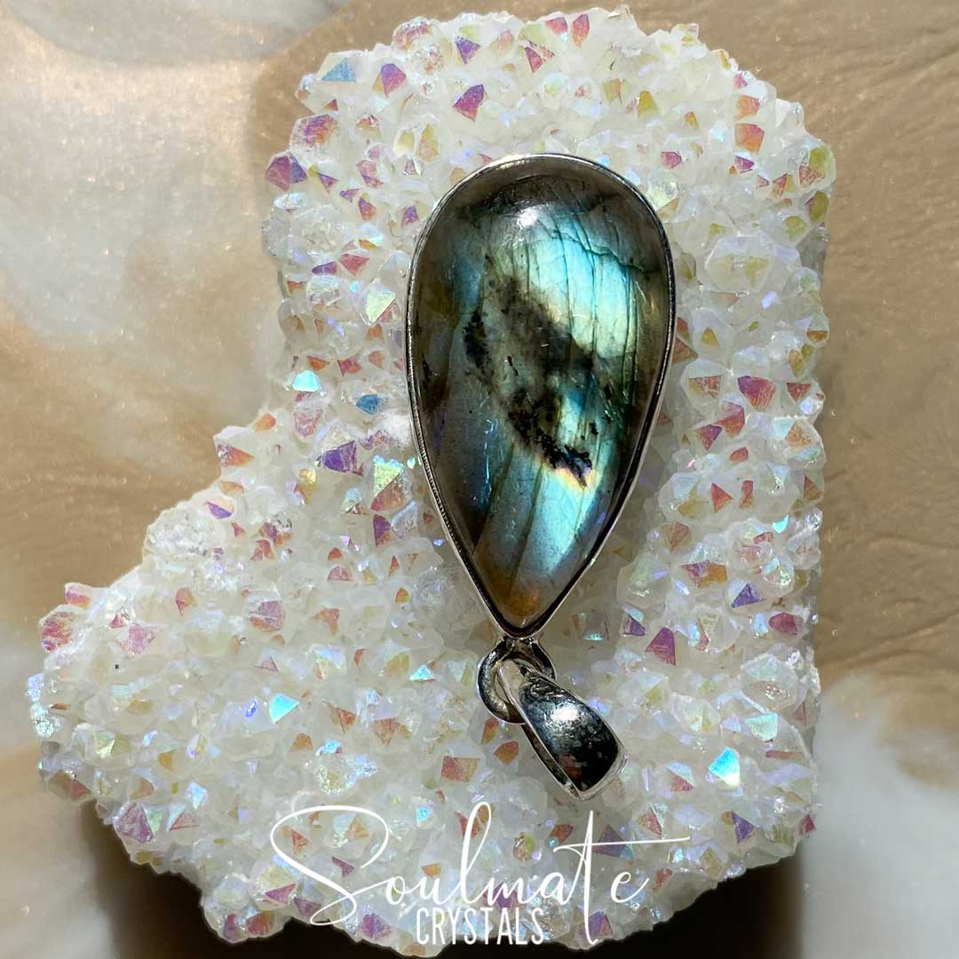 Soulmate Crystals Labradorite Polished Crystal Pendant Teardrop Sterling Silver, Orange, Blue, Green, Gold, Flashy Crystal for Destiny, Higher Consciousness, Wisdom, Dreaming, Pendant, Jewellery, Jewelry, Wearable Crystal Jewellery.